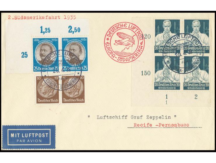 2. Südamerikafahrt, Bordpostbrief mit u.a. Stände 20 Pfg. im linken unteren Eckrand-4er-Block mit Bordpoststempel vom 20.4., 