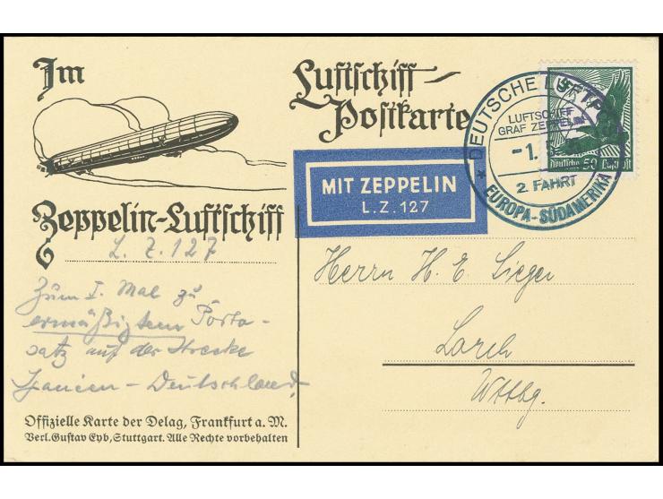 Delag-Bordpostkarte der Rückfahrt, Etappe Sevilla-Friedrichshafen vom 1.5. mit Europa-Porto 50 Pfg. ohne Bestätigungsstempel,