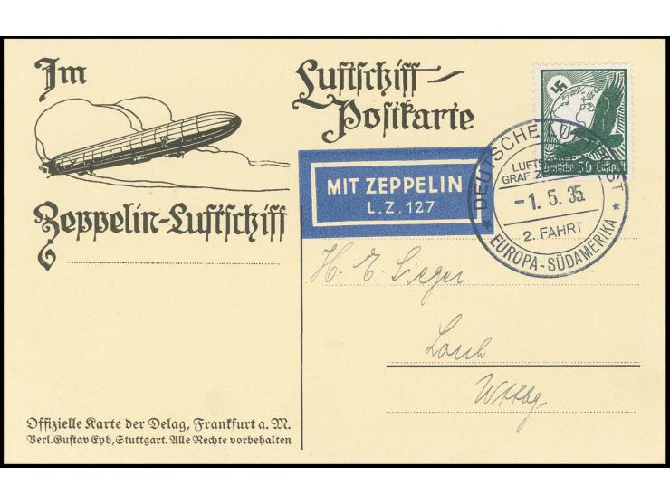 Delag-Bordpostkarte der Rückfahrt, Etappe Sevilla-Friedrichshafen mit Europa-Porto 50 Pfg. ohne Bestätigungsstempel, Kabinett