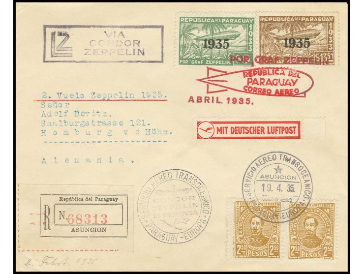 Paraguay-Post: R-Brief mit u.a. Zeppelin 9 und 13,50 P. nach Homburg v. d. Höhe, Pracht