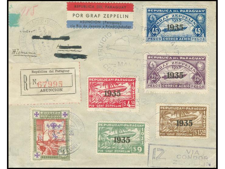 3. Südamerikafahrt, Paraguay-Post: R-Brief (Adresse und Absender geschwärzt) mit komplettem Zeppelinsatz 1935