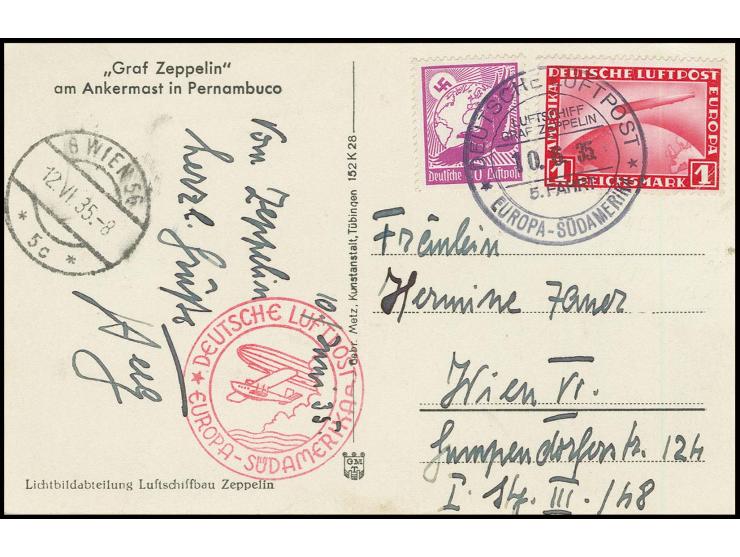 5. Südamerikafahrt, Passagier-Fotokarte der Rückfahrt mit u.a. Zeppelin 1 M. nach Wien mit vorderseitigem Ankunftsstempel, ge
