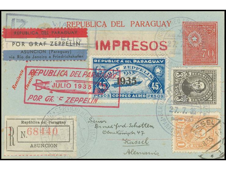 Paraguay-Post: R-Karte mit u.a. Zeppelin 45 P. und Aufgabestempel vom 27.7. nach Kassel mit Ankunftsstempel vom 5.8. (vermutl