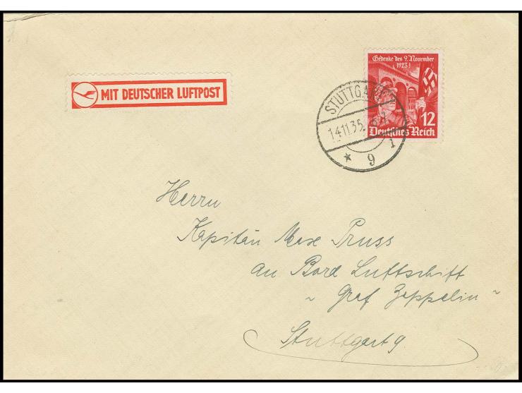 16. Südamerikafahrt, 1. Pendelfahrt, Brief mit Stempel "STUTTGART 14.11.35", adressiert an Kapitän Max Pruss an Bord des Luft