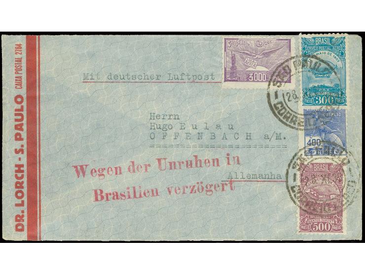 Brasilien-Post, Brief mit rotem L2 "Wegen der Unruhen in Brasilien verzögert" nach Offenbach, Pracht