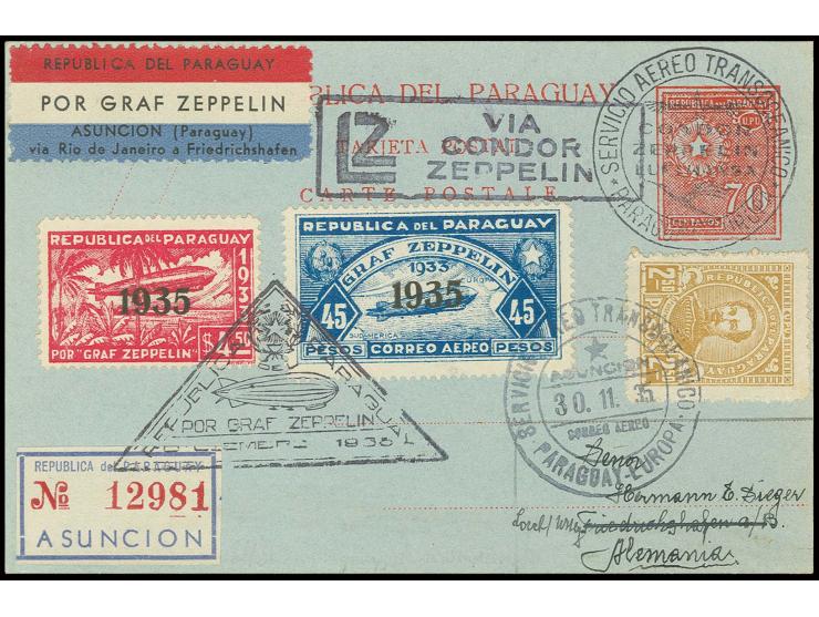Paraguay-Post: Karte mit u.a. Zeppelin 45 P. nach Deutschland, Kabinett