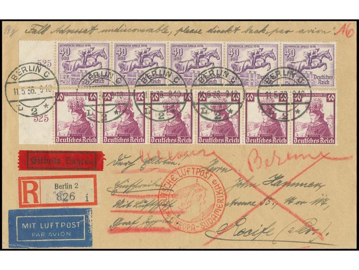 1936, 4. Südamerikafahrt, R-Express-Brief mit sehr dekorativer vorder- und rückseitiger Frankatur von Berlin nach Recife, ger