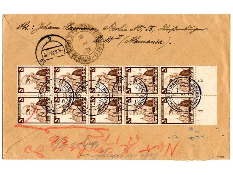 1936, 4. Südamerikafahrt, R-Express-Brief mit sehr dekorativer vorder- und rückseitiger Frankatur von Berlin nach Recife, ger