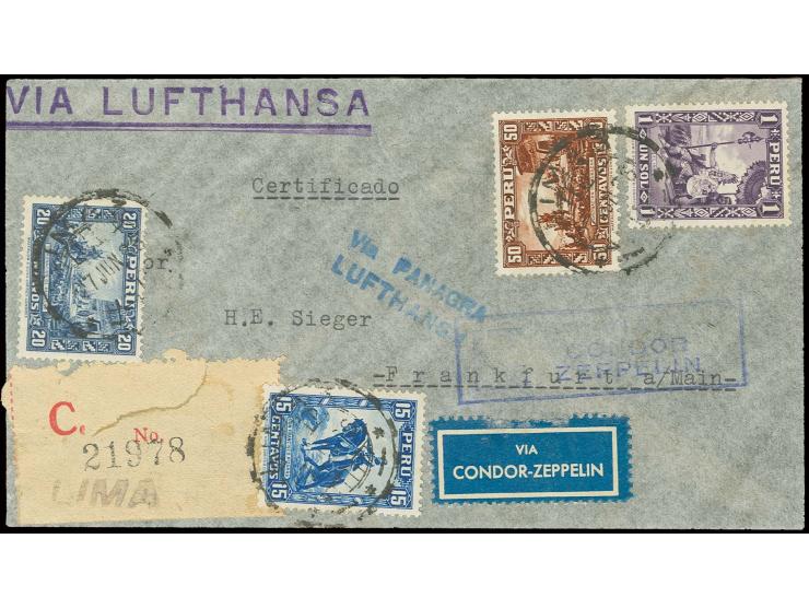 Peruanische Post, R-Brief aus Lima mit blauem L2 "Via PANAGRA / LUFTHANSA" sowie Leitstempel nach Frankfurt, Kabinett, ex Sam