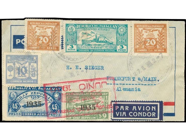 Paraguay-Post: R-Brief mit u.a. Zeppelin 45 P. nach Frankfurt mit Ankunftsstempel vom 6.7., Pracht