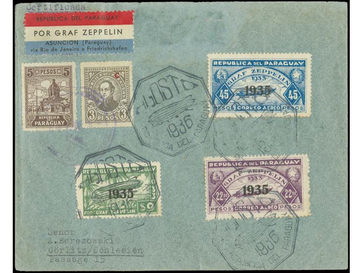 10. Südamerikafahrt, Paraguay-Post: R-Brief mit u.a. Zeppelin 45 P. nach Görlitz, Pracht