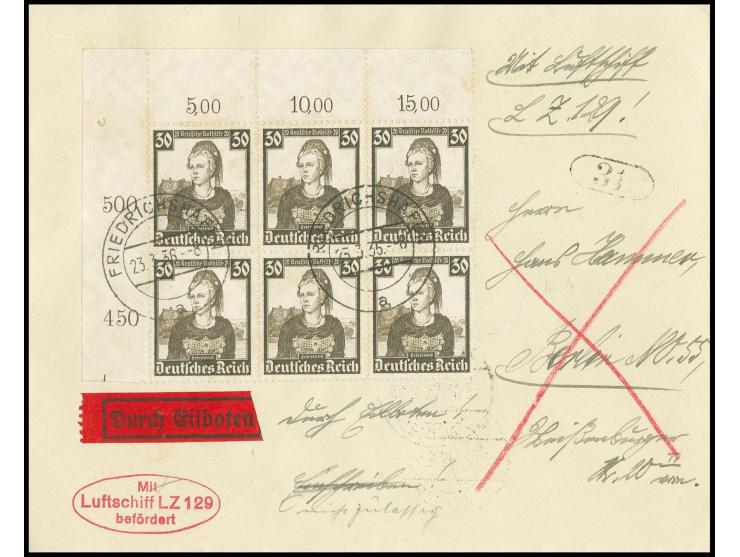 1936, 1. Postfahrt, Brief, aufgegeben als R-Express-Brief, frankiert mit Oberrand-6er-Block Trachten 30 Pfg., da R-Briefe auf