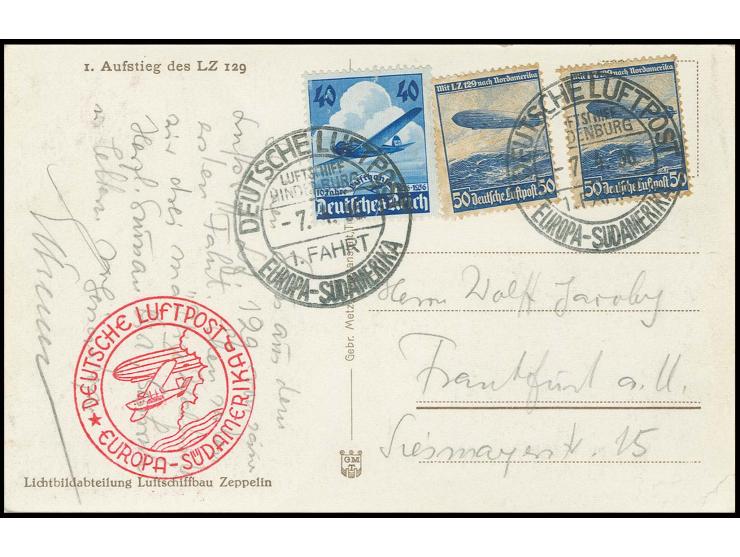 1. Südamerikafahrt, Fotokarte der Rückfahrt mit Bordpoststempel vom 7.4. und Unterschrift von Eckener nach Frankfurt, Pracht
