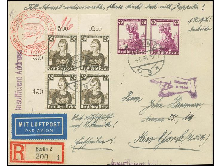 R-Brief Auflieferung Berlin mit sehr guter vorder- und rückseitiger Frankatur nach New York, Kabinett