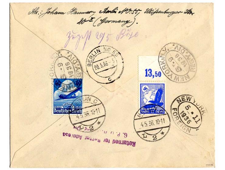 R-Brief Auflieferung Berlin mit sehr guter vorder- und rückseitiger Frankatur nach New York, Kabinett