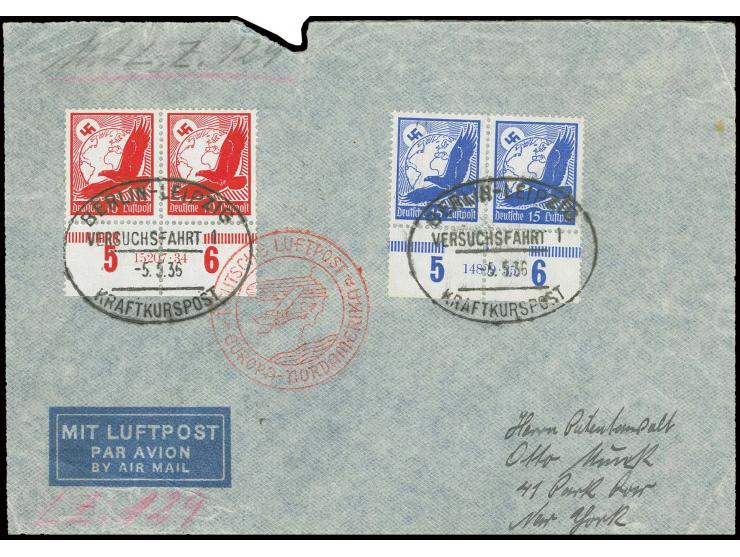 Brief mit Flugpost 10 und 15 Pfg. jeweils im waagerechten Unterrandpaar mit HAN sowie Ovalstempel "BERLIN-LEIPZIG VERSUCHSFAH