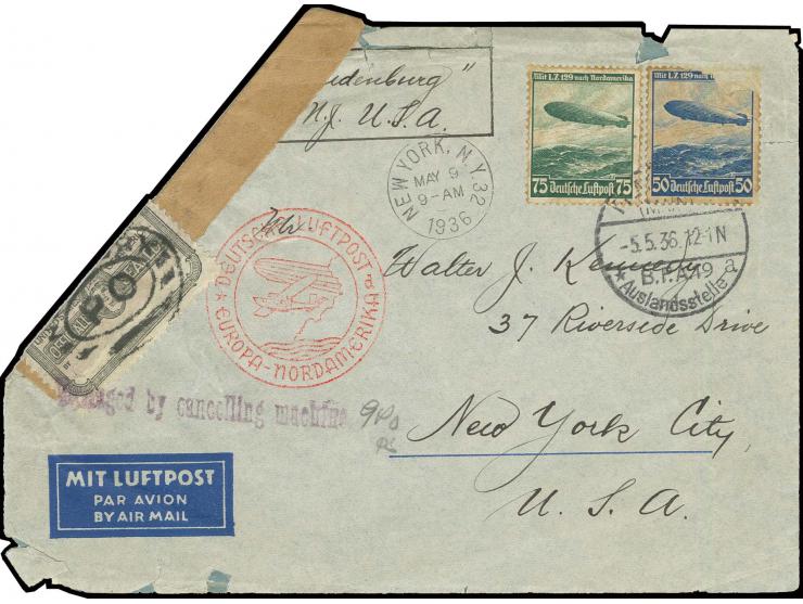 Brief mit beiden Zeppelin-Marken nach New York, dort von der Stempelmaschine beim Anbringen des Ankunftsstempels stark beschä