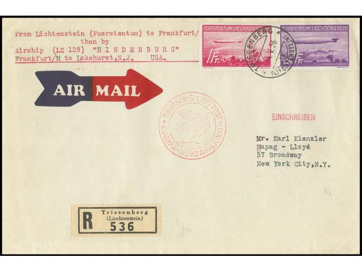 R-Brief mit Zeppelin 1und 2 Fr. und rückseitig 3 Olympia-Vignetten nach New York, Pracht