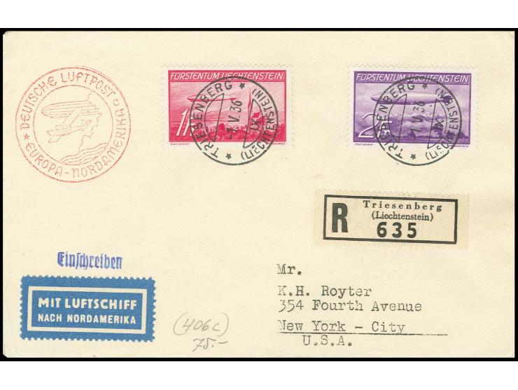 R-Brief mit Zeppelin 1 und 2 Fr. mit Ersttagsstempel "TRIESENBERG 1.V.36", Kabinett