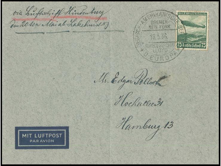 Brief mit Zeppelin 75 Pfg., entwertet mit Seepoststempel "D.EUROPA BREMEN-NEW YORK 18.5.36", von New York weitergeleitet nach