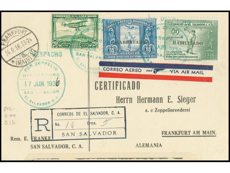 3. Nordamerikafahrt, El Salvador-Post: R-Karte mit Sonderbestätigungsstempel, nebengesetzt der gleiche Stempel mit falscher J