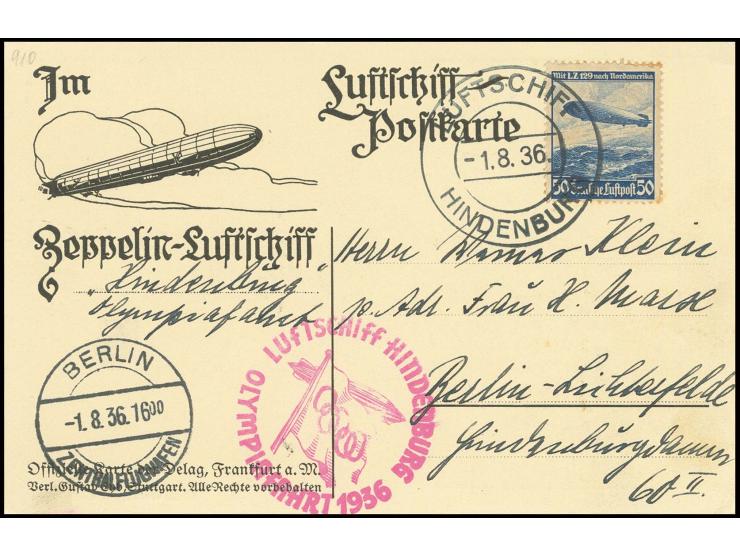 Olympiafahrt, Aufgabe Bordpost: Delag-Karte mit Bordpoststempel und rotlila Bestätigungsstempel nach Berlin mit vorderseitige