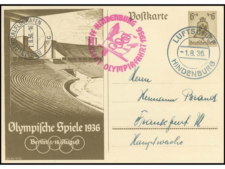 Olympia-Ganzsachenkarte 6 Pfg. mit rückseitig u.a. komplettem Satz Sommer-Olympiade, Kabinett