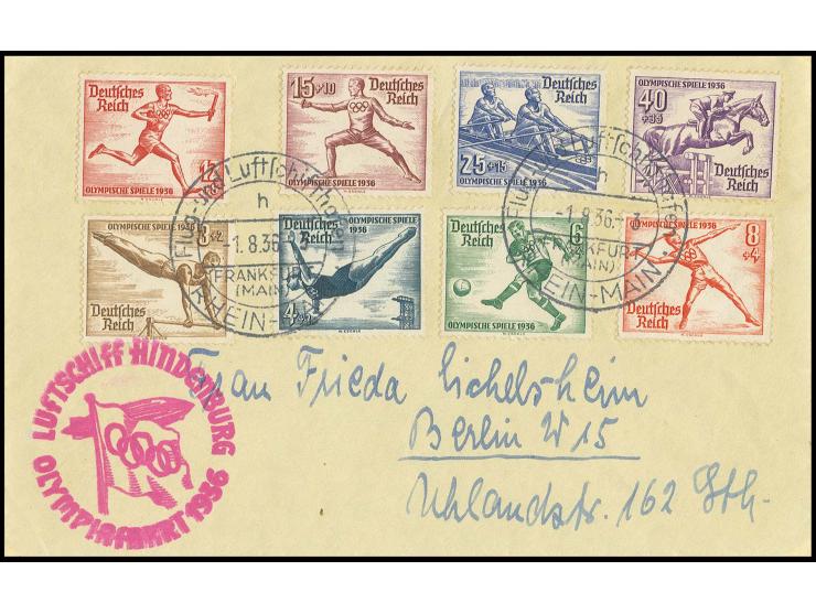 Brief mit komplettem Olympia-Satz und rotlila Bestätigungsstempel, Kabinett
