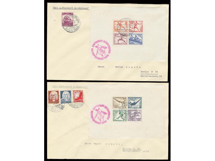 2 Briefe mit u.a. den beiden Olympia-Blocks mit Ersttagsstempel und rotlila Bestätigungsstempel im Blockrand, Kabinett