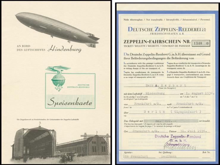 Zeppelin-Fahrschein Nr. 1340, ausgestellt auf A. Herbert für die Olympiafahrt zum Preis von 400 Rm. mit violettem Stempel "DE