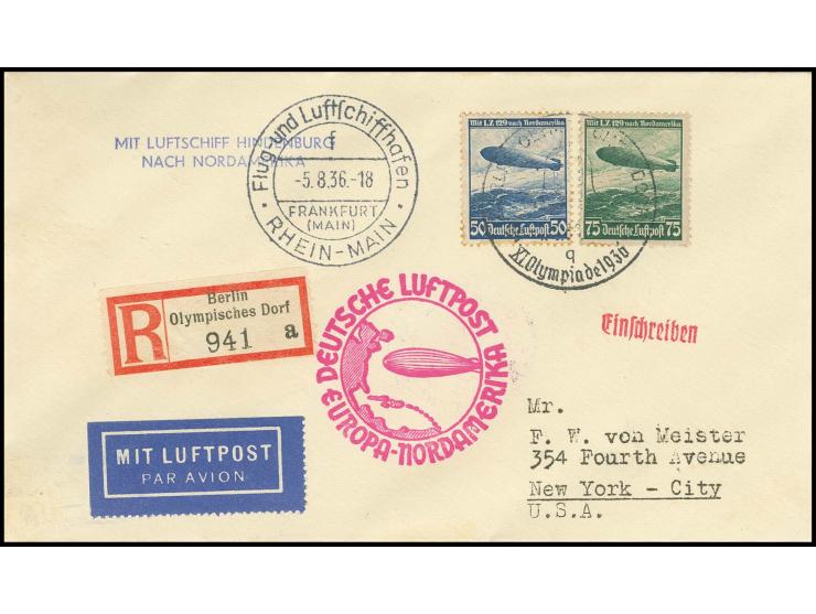 R-Brief mit Sonderstempel und R-Zettel "Olympisches Dorf" nach New York, Kabinett