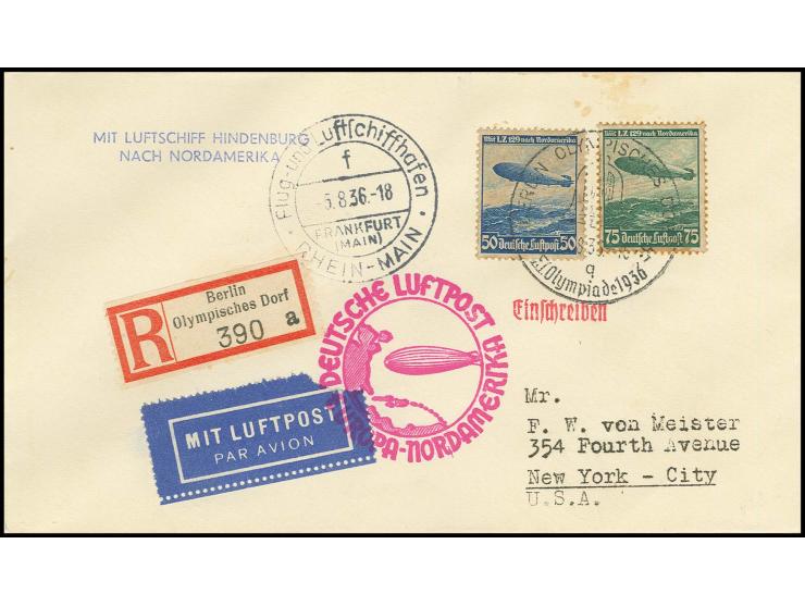 R-Brief mit Sonderstempel und -R-Zettel "Olympisches Dorf" nach New York, Pracht