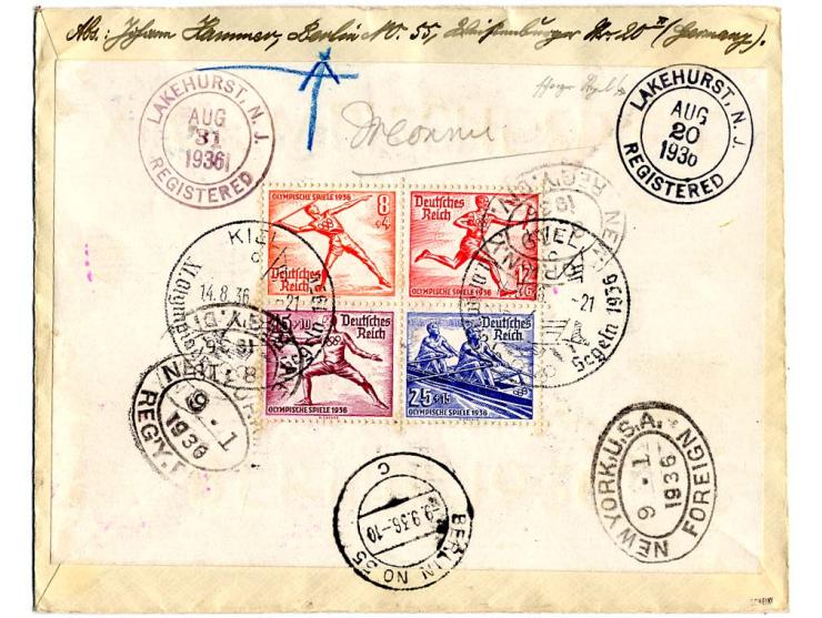 R-Brief mit Sonderstempel "KIEL Segeln" mit Olympia-Frankatur, rückseitig Olympia-Bl.5, Kabinett