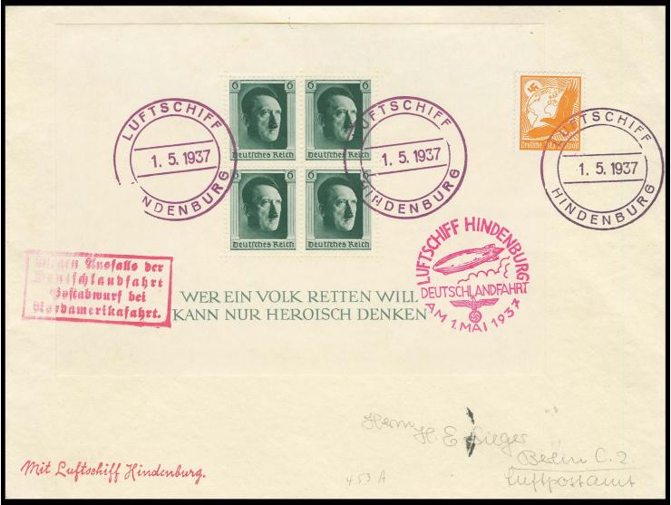 Brief mit Hitler-Block 7 mit Bordpoststempel und übergehendem Ausfallstempel, rückseitig Ankunftsstempel von Köln, Kabinett