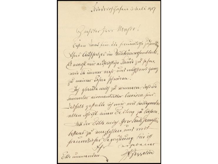 1907, Graf von Zeppelin, eigenhändiges 2seitiges Schreiben vom 3.7.07 an den Luftfahrtpublizisten Major Maedebeck mit u.a. Te
