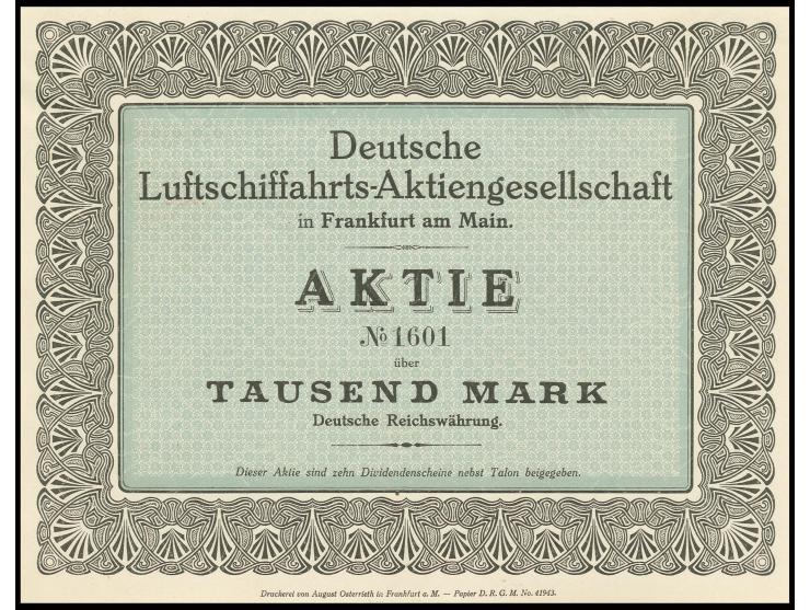1910, Aktie der "Deutsche Luftschiffahrts-Aktiengesellschaft" über 1000 Mark vom 1.8.10 mit komplettem Couponbogen und "wertl