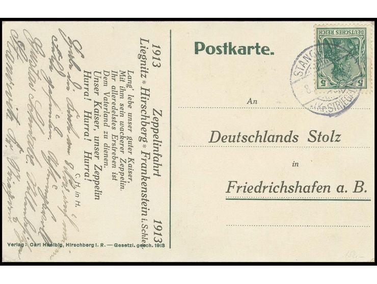 1913, Karte mit gedruckter Anschrift "An Deutschlands Stolz in Friedrichshafen" anläßlich der Liegnitzfahrt mit Hymne an den 