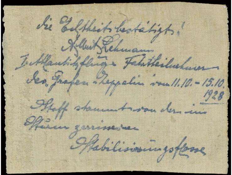 1928, Teil der im Sturm zerrissenen Stabilisierungsflosse (ca. 8,5 x 6,5 cm) der Amerikafahrt 1928, mit Echtheitsbestätigung 