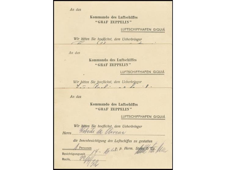 1932, 3 Vordruckkarten (eine gefaltet) aus Recife an das Kommando des Luftschiffes "Graf Zeppelin", mit jeweils der Bitte, de