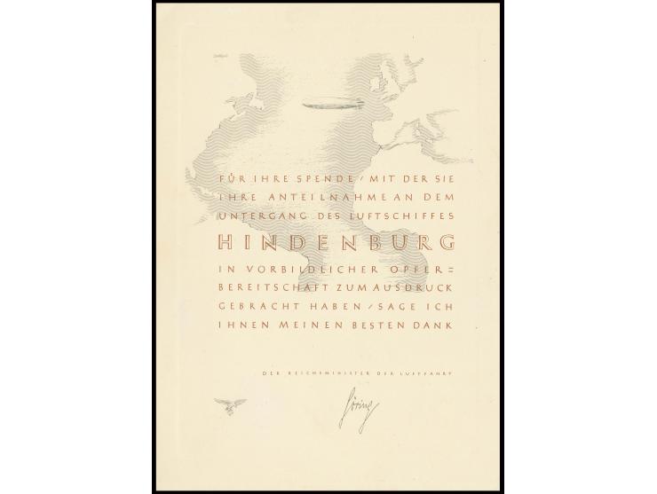 1937, gedruckter dekorativer Dank für Spende und Anteilnahme am Untergang des Luftschiffes "Hindenburg" des Reichsministers d