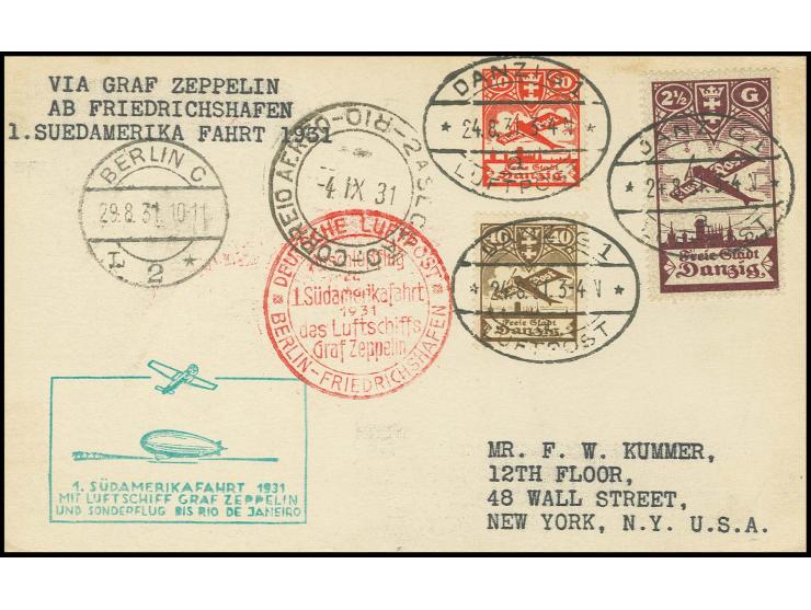 Karte (im Rand gering unfrisch) 1. Südamerikafahrt, Anschlußflug Berlin mit u.a. Flugpost 2½ G.