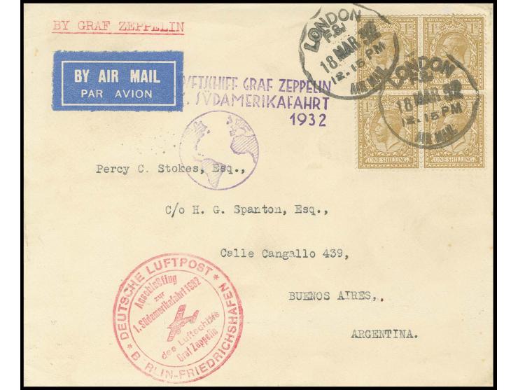 1932, 1. Südamerikafahrt, Brief Anschlußflug Berlin mit 1 Sh. im 4er-Block nach Buenos Aires, Pracht