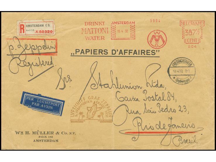 1932, 3. Südamerikafahrt, Freistempler-R-Brief über 387½ C. von Amsterdam nach Rio, gefaltet und leichte Bedarfsspuren, selte