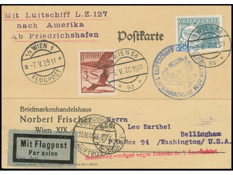 Versuchte Amerikafahrt, Karte mit u. a. Flugpost 3 Sch. und Verzögerungsstempel nach Washington, Kabinett