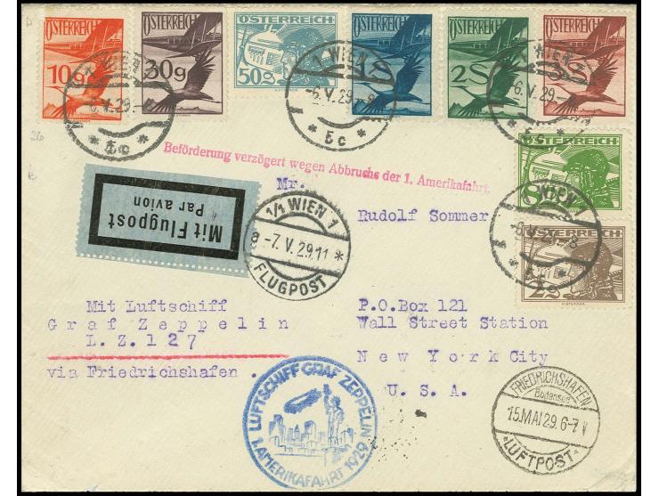 Brief mit bunter Flugfrankatur und Verzögerungsstempel nach New York, Pracht