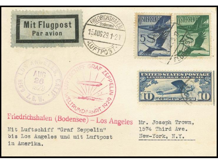 Karte bis Los Angeles und mit US-Flugpost-Zusatzfrankatur weiter nach New York, Pracht