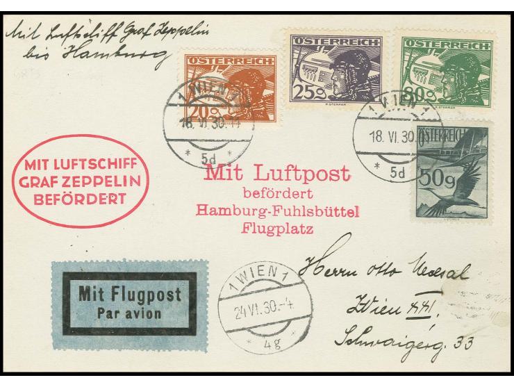 Karte nach Hamburg mit Flugpost-Bestätigungsstempel von Hamburg-Fuhlsbüttel, Pracht