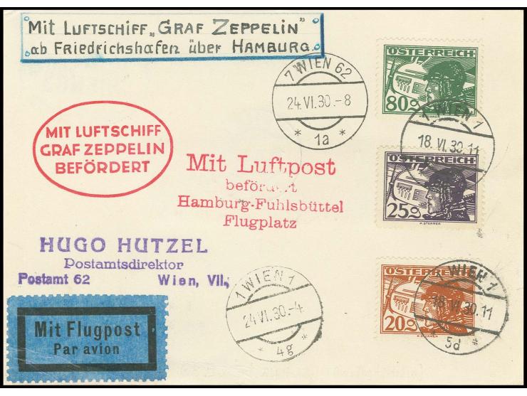 Karte bis Hamburg mit rotem Luftpost-Bestätigungsstempel " Hamburg-Fuhlsbüttel Flugplatz", leichte Randknitter unten links be