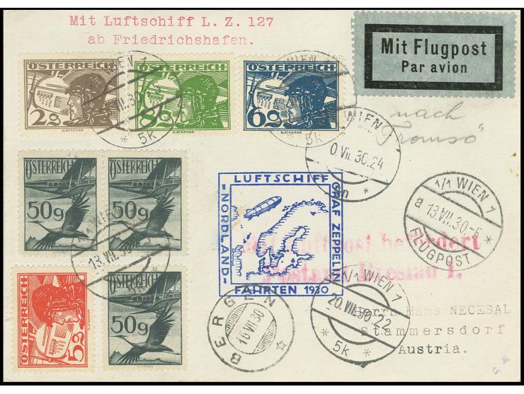 Nordlandfahrt, Karte mit Ankunftsstempel von Bergen, alle Stempel vorderseitig, Kabinett