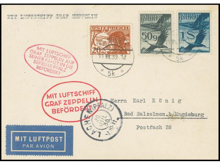 Pfalzfahrt, Karte mit Ankunftsstempel von Lachen, alle Stempel vorderseitig, Kabinett